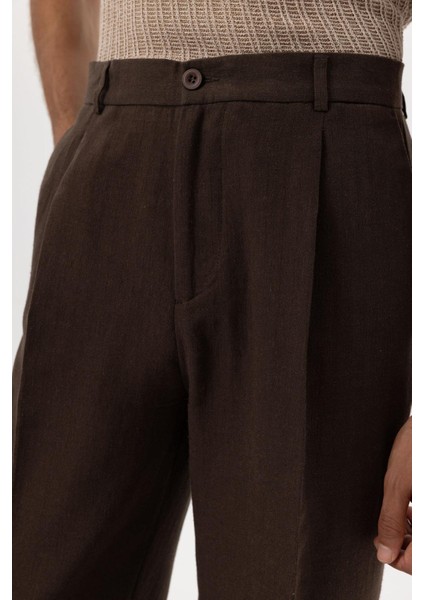 Kahve Keten Karışımlı Baggy Erkek Pantolon
