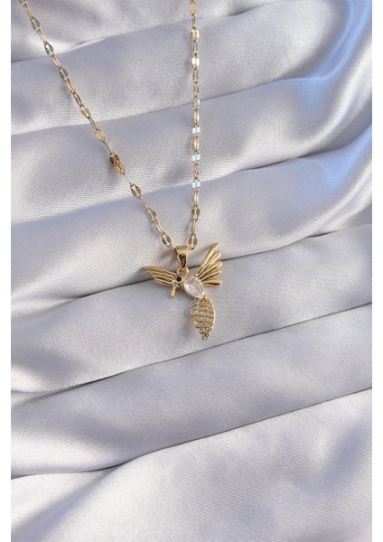 316L Çelik Zincir Gold Renk Zirkon Taşlı Anka Kuşu Figürlü Kolye