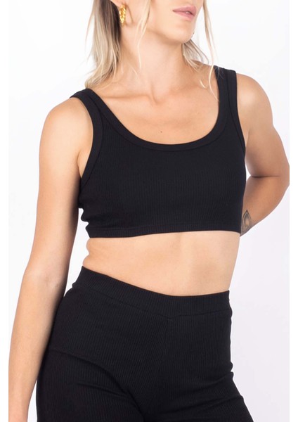 Kadın Fitilli Crop Top - Siyah