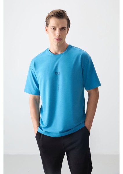 Petrol Mavi Pamuklu Kalın Yumuşak Dokulu Oversize Fit Baskılı Erkek T-Shirt - 88373