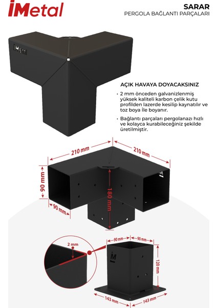 Sarar Tek Bölümlü Hazır Ahşap Pergola Bağlantı Seti 85 x 85 mm Ahşaplar Için