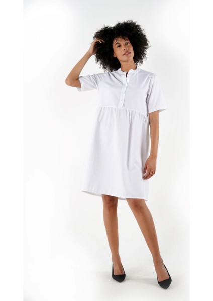 Düğmeli Hakim Yaka Comfort Elbise (B24-384 00)
