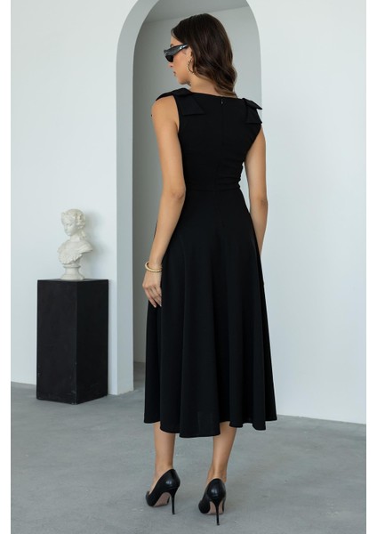 Kadın Krep Kumaş Kare Yaka Omuzda Fiyonk Detaylı Midi Boy Elbise fiyatları