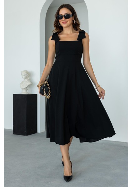 Kadın Krep Kumaş Kare Yaka Omuzda Fiyonk Detaylı Midi Boy Elbise modelleri