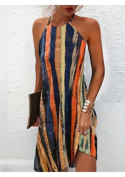 Kadın Boyundan Bağlamalı Kolsuz Baskılı Süprem Elbise