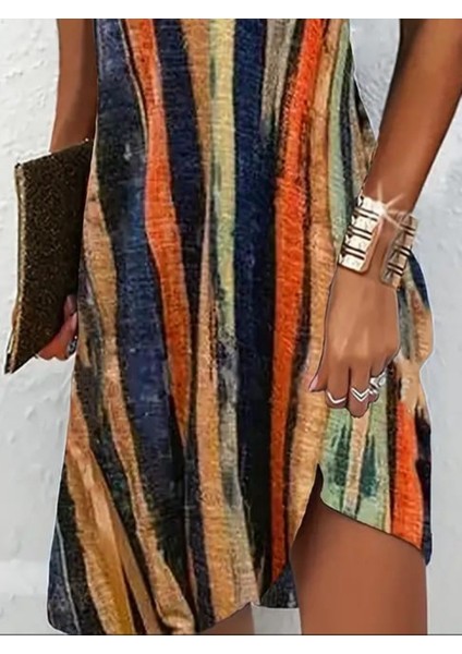 Kadın Boyundan Bağlamalı Kolsuz Baskılı Süprem Elbise modelleri