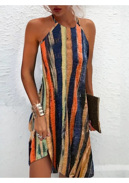 Kadın Boyundan Bağlamalı Kolsuz Baskılı Süprem Elbise fırsatları