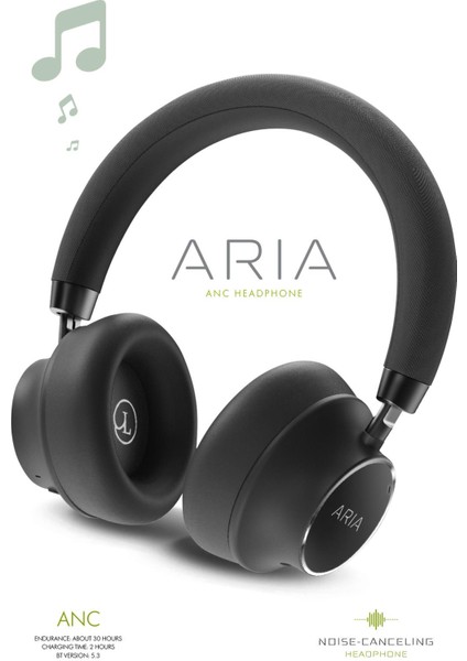 Aria Kulak Üstü Bluetooth Kulaklık Siyah Kablosuz Ayarlanabilir Aktif Gürültü Önleyici