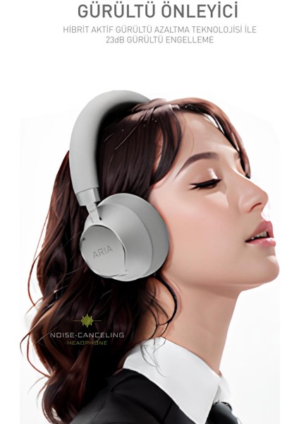 Aria Kulak Üstü Bluetooth Kulaklık Siyah Kablosuz Ayarlanabilir Aktif Gürültü Önleyici