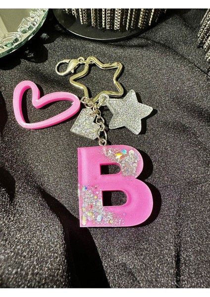 B Harf Pembe Renk Gümüş Renk Glitterli Yıldız Kancalı Vıp Ekstra Figürlü Epoksi Harf Anahtarlık