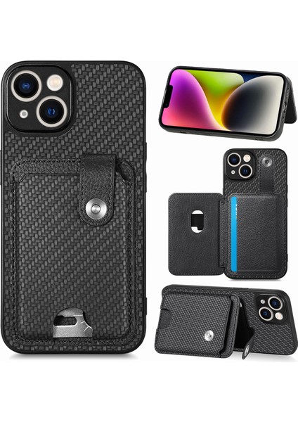 iPhone 15 Plus için Karbon Fiber Dokulu Kılıf Kart Bıçağı Aracı ile Darbeye Dayanıklı Telefon Kapağı - Siyah (Yurt Dışından)