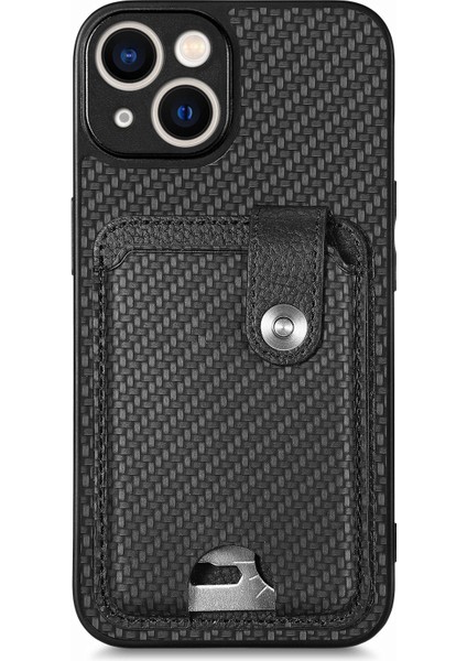 iPhone 15 Plus için Karbon Fiber Dokulu Kılıf Kart Bıçağı Aracı ile Darbeye Dayanıklı Telefon Kapağı - Siyah (Yurt Dışından)