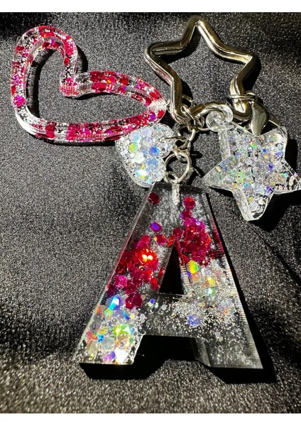 A Harf Antrasit Gri Renk Fuşya Glitter Yıldız Kancalı Vıp Ekstra Figürlü Epoksi Harf Anahtarlık