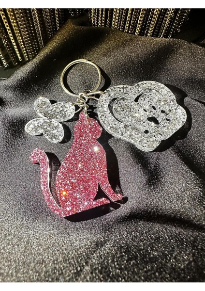 Kedi Anahtarlık Pudra Pembe ve Gümüş Sim Ekstra Figürlü Epoksi Harf Anahtarlık Hediyelik Anahtarlık