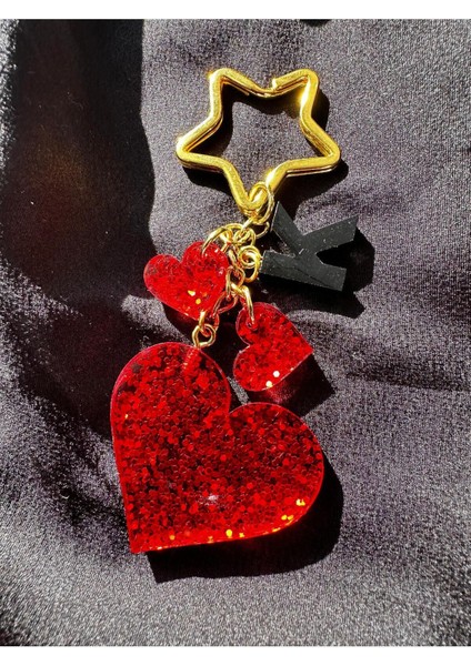 K Harf Siyh Kırmızı Simli Kalp Detaylı Yıldız Halka Epoksi Harf Anahtarlık Sevgililer Günü Hediyelik