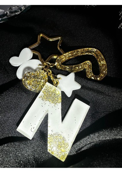 N Harf Goldrenk Yıldız Halka Vıp Simli Ekstra Figürlü Epoksi Harf Anahtarlık Hediyelik Anahtarlık