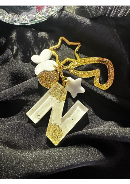 N Harf Goldrenk Yıldız Halka Vıp Simli Ekstra Figürlü Epoksi Harf Anahtarlık Hediyelik Anahtarlık fiyatları