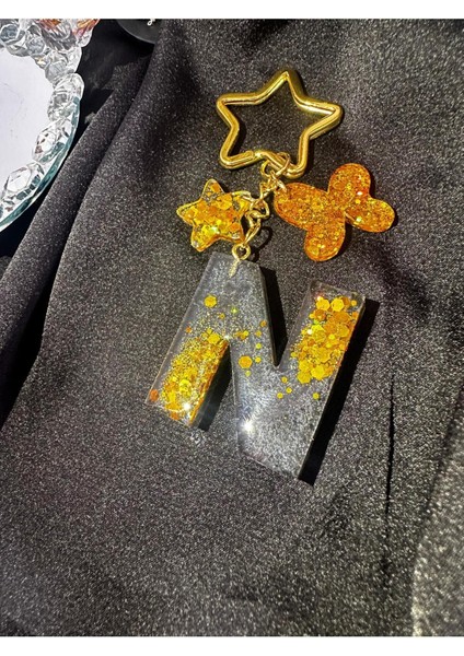 N Harf Antrasit Gri Renk Gold Glitter Pullu Yıldız Halka Kancalı Epoksi Harf Anahtarlık Hediyelik