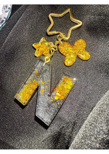 N Harf Antrasit Gri Renk Gold Glitter Pullu Yıldız Halka Kancalı Epoksi Harf Anahtarlık Hediyelik fiyatları
