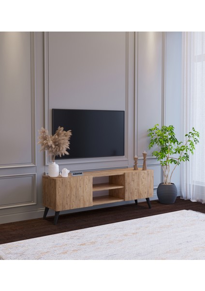 Ahşap Görünümlü Mdf 2 Kapaklı Raflı Tv Ünitesi 120 x 30 x 45 Modern ve Fonksiyonel Tasarım