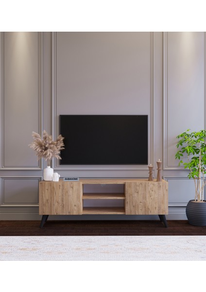 Ahşap Görünümlü Mdf 2 Kapaklı Raflı Tv Ünitesi 120 x 30 x 45 Modern ve Fonksiyonel Tasarım