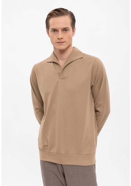 Camel Apaş Yaka Regular Fit Uzun Kollu Kazak