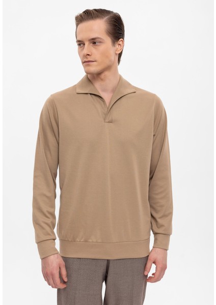 Camel Apaş Yaka Regular Fit Uzun Kollu Kazak