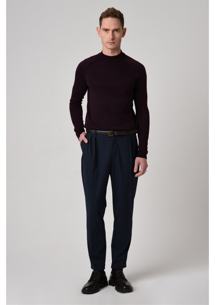 Koyu Mürdüm Bisiklet Yaka Slim Fit Triko Kazak