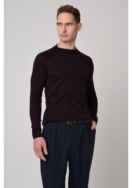 Koyu Mürdüm Bisiklet Yaka Slim Fit Triko Kazak fiyatları