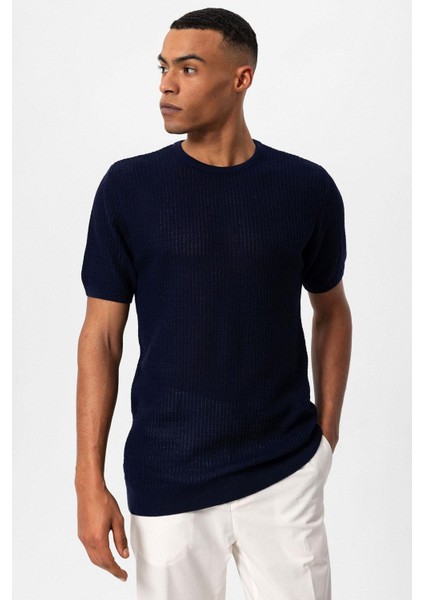 Lacivert Bisiklet Yaka Örme Triko Erkek T-Shirt modelleri