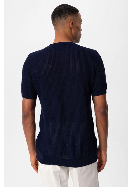 Lacivert Bisiklet Yaka Örme Triko Erkek T-Shirt indirimleri