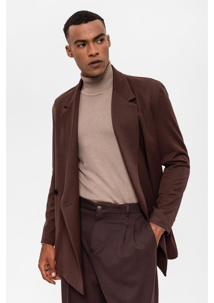 Kahve Kruvaze Kapama Gizli Cep Erkek Blazer Ceket