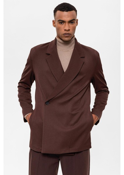 Kahve Kruvaze Kapama Gizli Cep Erkek Blazer Ceket
