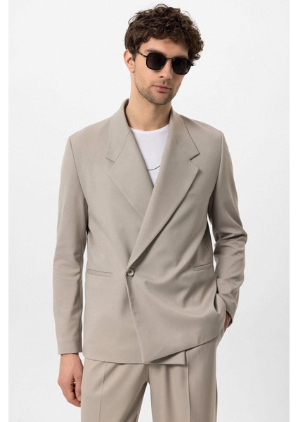 Bej Kruvaze Kapama Fleto Cepli Erkek Blazer Ceket