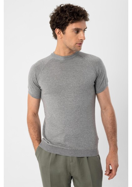 Gri Melanj Bisiklet Yaka Triko T-Shirt indirimleri