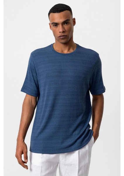 Indigo Bisiklet Yaka Fitilli Erkek T-Shirt