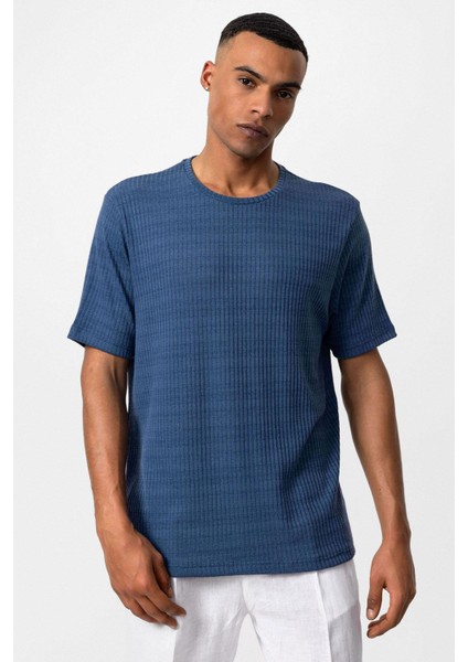 Indigo Bisiklet Yaka Fitilli Erkek T-Shirt fırsatları