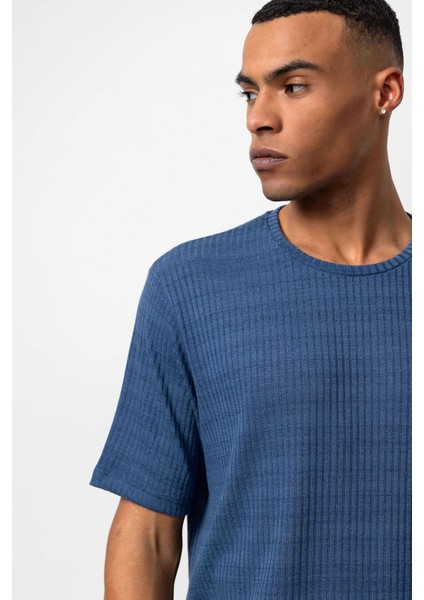 Indigo Bisiklet Yaka Fitilli Erkek T-Shirt indirimleri
