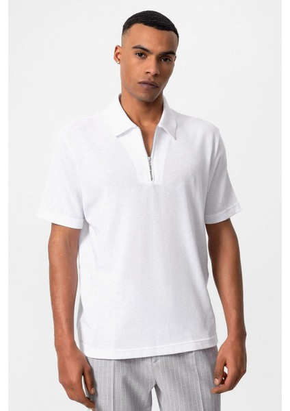Beyaz Polo Yaka Fermuarlı Erkek T-Shirt