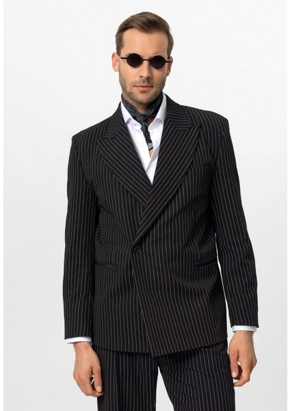 Siyah Kruvaze Kapama Çizgili Erkek Blazer Ceket