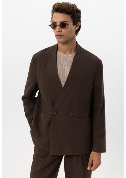 Kahve Keten Karışımlı Kruvaze Düğmeli Erkek Blazer Ceket