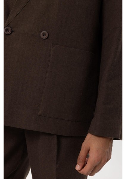 Kahve Keten Karışımlı Kruvaze Düğmeli Erkek Blazer Ceket