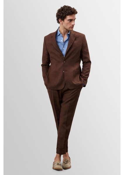Kahve %100 Keten Erkek Blazer Ceket