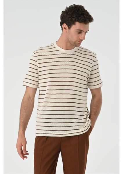 Kahve Çizgili Örme Erkek T-Shirt