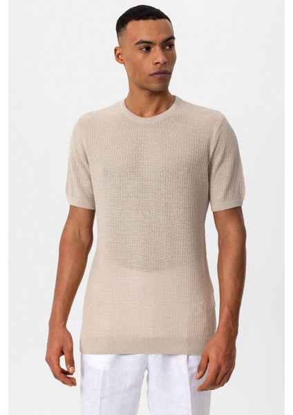 Bej Bisiklet Yaka Örme Triko Erkek T-Shirt