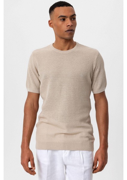 Bej Bisiklet Yaka Örme Triko Erkek T-Shirt modelleri