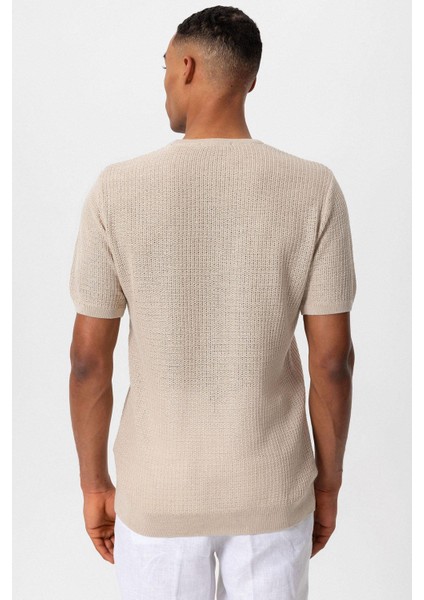 Bej Bisiklet Yaka Örme Triko Erkek T-Shirt indirimleri