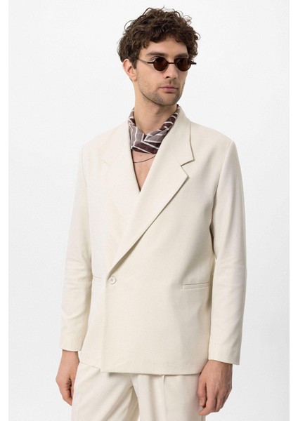 Ekru Kruvaze Kapama Fleto Cepli Erkek Blazer Ceket
