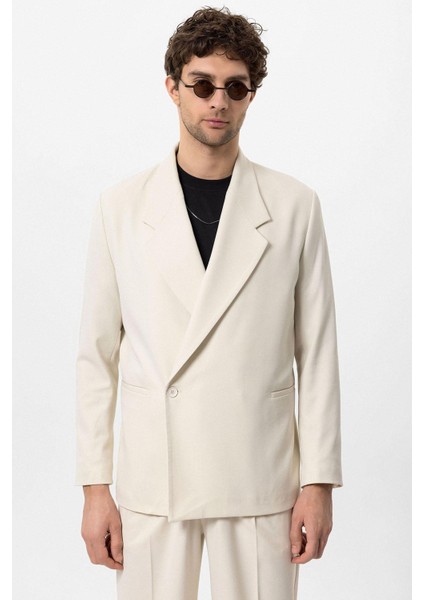 Ekru Kruvaze Kapama Fleto Cepli Erkek Blazer Ceket