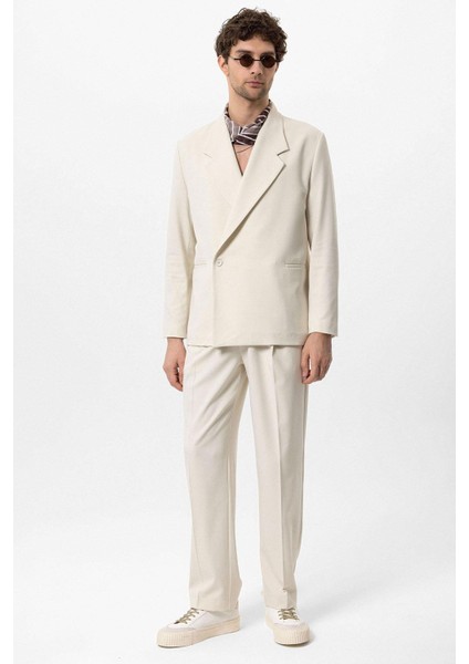 Ekru Kruvaze Kapama Fleto Cepli Erkek Blazer Ceket